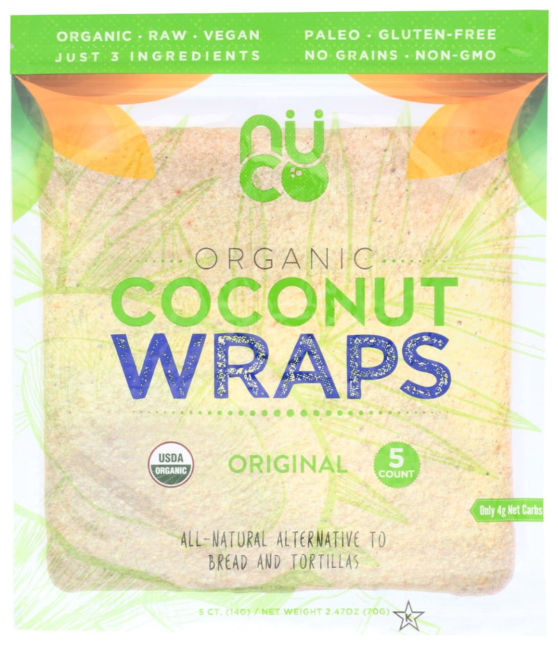 It's just 3 simple organic ingredients: coconut meat, coconut water, and unrefined virgin coconut oil. The Wrap is pliable/foldable and can be used in many applications and recipes!  Available in 4 unique flavors!