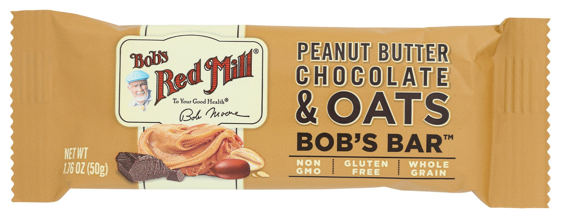 Treat yourself”and feel great about it! Our Peanut Butter Chocolate &amp; Oats Bob's Bar is deliciously rich and satisfying, yet it's made with whole grain oats, peanut butter, organic chocolate chips and organic honey to offer serious nourishment. It's just one of five fantastic Bob's Bars, inspired by a Moore family favorite and perfect for when you want to spoil yourself a little”with wholesome satisfaction.