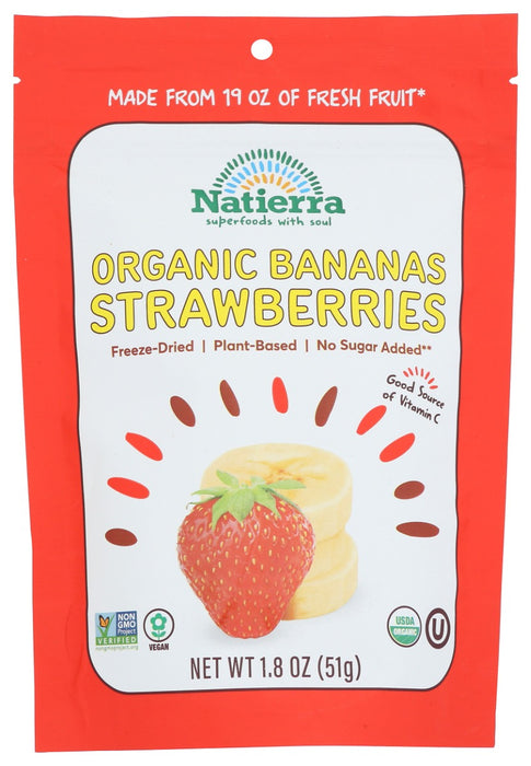 This wholesome snack starts with fresh bananas and strawberries sourced from seasonal crops. Sliced bananas and strawberries are freeze-dried, which removes most of their water and adds a crunch that makes them absolutely irresistible.
This on-the-go snack combines the vitamins and fiber of fresh fruit with the crunch of a chip and the sweetness of candy. There's no frying, no baking, and only the sugar provided by Mother Nature!