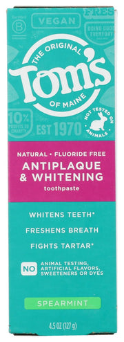 TOMS OF MAINE: Fluoride Free Antiplaque and Whitening Toothpaste Spearmint, 4.5 oz
