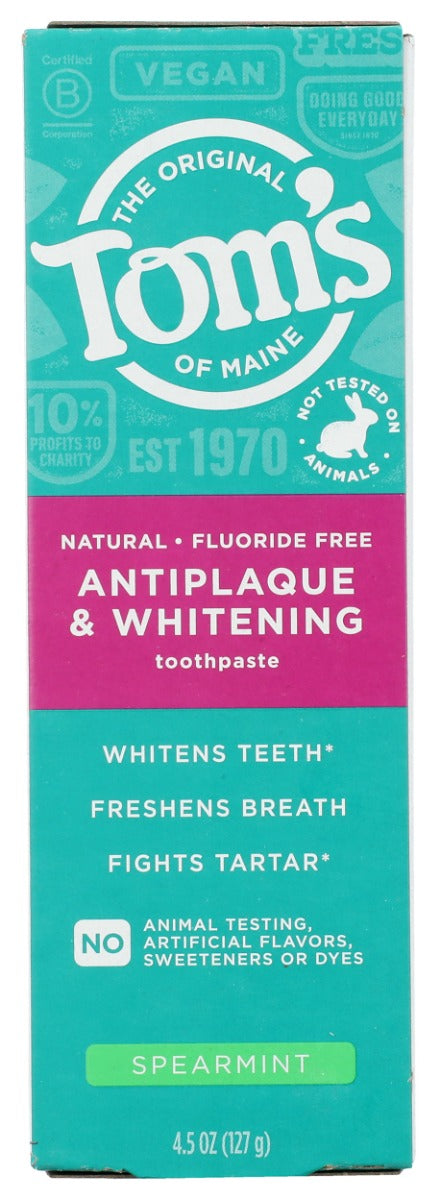 TOMS OF MAINE: Fluoride Free Antiplaque and Whitening Toothpaste Spearmint, 4.5 oz