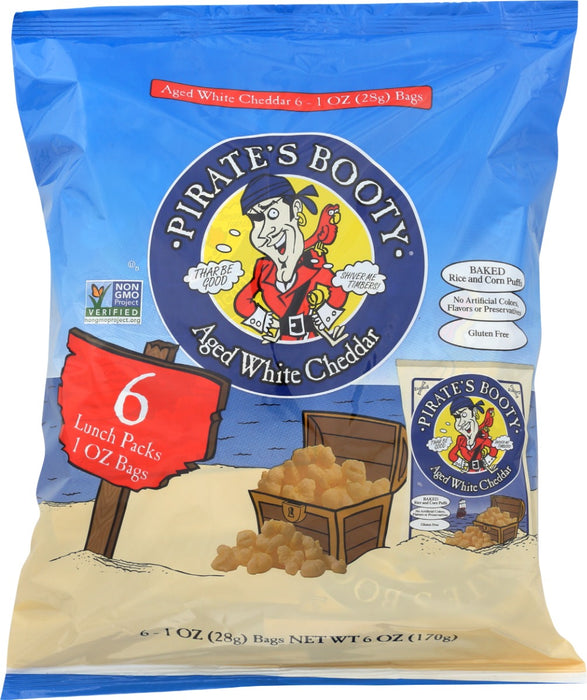 Hoist the sails and prepare to taste a treasure of the ages with PIRATE'S BOOTY Aged White Cheddar made from rice and corn. Each bag is gluten free with no artificial colors. Blended with real aged white cheddar cheese and baked to pirate perfection, keep these 1 oz bag of puffs stocked for lunchboxes or voyages on the go!