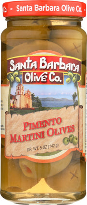 A pimento stuffed in a large green olive cured in vermouth.