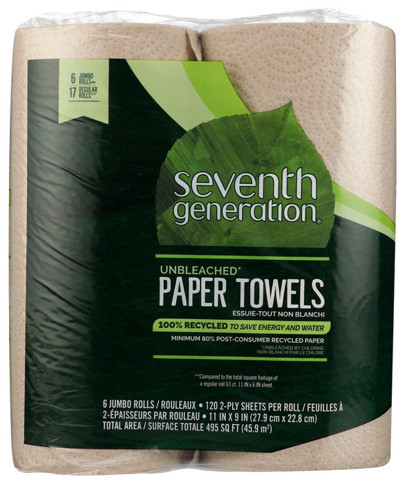 SEVENTH GENERATION: 100 Percent Recycled Paper Towels Unbleached 6Rolls 2Ply, 1 ea