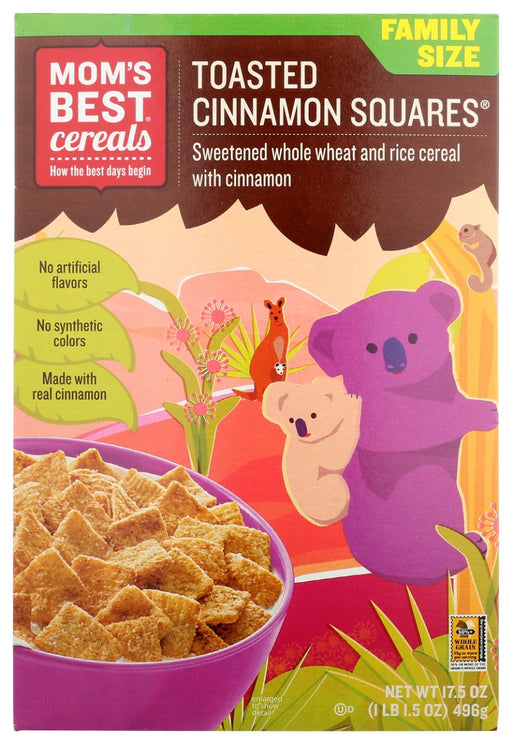 Made with whole grain wheat, these toasted squares are lightly sweetened with cinnamon. Free from artificial flavors or synthetic colors, Mom's Best Toasted Cinnamon Squares Cereal are a natural and nutritious choice for the whole family.