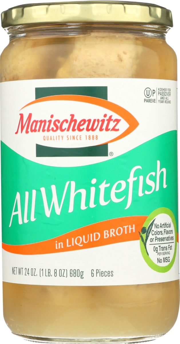 Manischewitz Fish, Whitefish All Non Jellied, made from select fish that are caught in The Great Lakes of the USA, Manischewitz is proud to bring you our delicious gefilte fish, a traditional family favorite. This whitefish is one of the variety of great tasting, authentic kosher food.