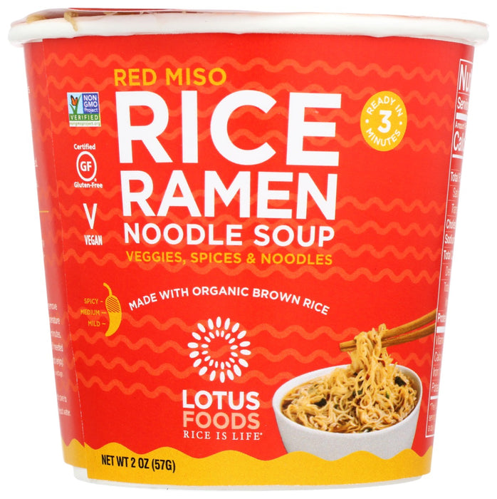 Red Miso Rice Ramen Noodle Soup Cup is a mouth-watering blend of red miso, chilies, ginger and wakame seaweed with medium heat. Our delicious ramen soup cups are a modern twist on the traditional Asian cup of noodles, but with whole grain never-fried organic brown rice noodles.