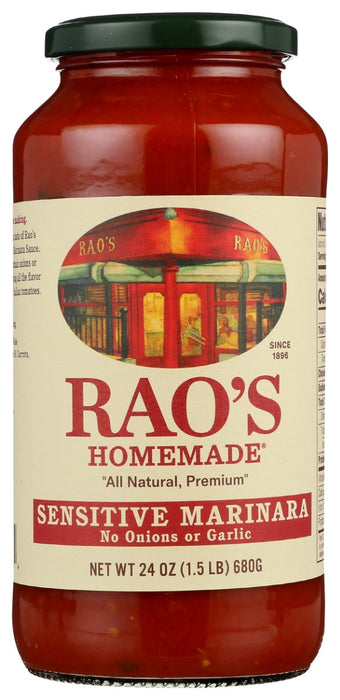 Craving some pasta with marinara sauce, but have a sensitive stomach? Rao's Sensitive Marinara Sauce is perfect for anyone with dietary issues and food sensitivities. It's made from our classic recipe, but without onions and garlic. Our tomatoes are slowly simmered, elevating their natural, sweet flavor.