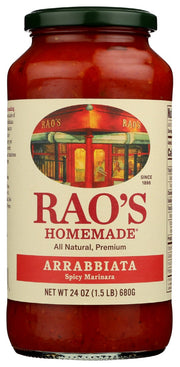 Rao's Homemade Arrabbiata or œangry Sauce is a spicy pasta sauce made from tomatoes, garlic, olive oil, and crushed red peppers. Arrabbiata refers to the flavor profile of this pasta sauce made with the perfect amount of crushed red pepper to add a subtle yet spicy kick to any meal. This pasta sauce is prepared in small batches and slow simmered to achieve the most authentic Italian flavor.