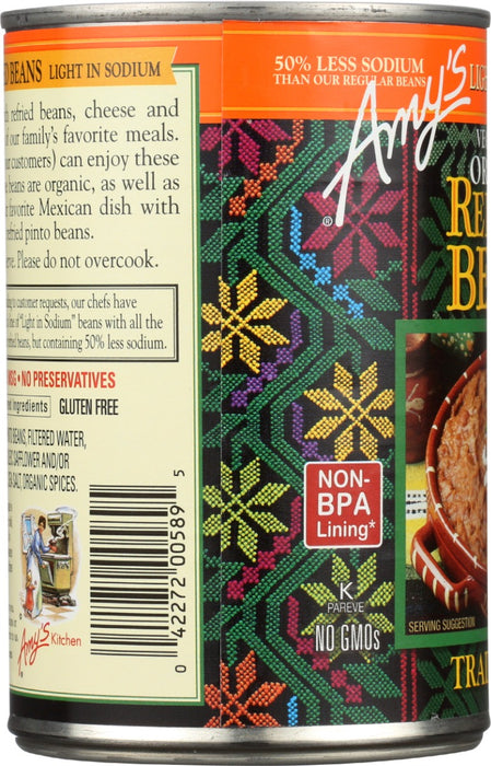 AMYS: Organic Vegetarian Traditional Refried Beans Light In Sodium, 15.4 oz
