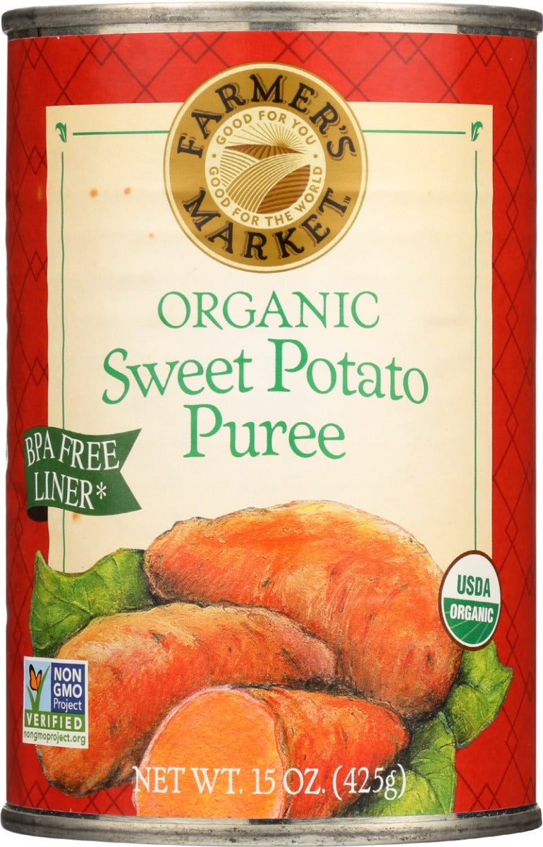 Organic sweet potato pure with the fresh, pure flavor you'd expect to find at a country produce stand. Our sweet potato is certified organic, non-GMO verified, gluten-free, grown in the USA and available in BPA-Free lined packaging. For the perfect finish to your favorite meals, add a little Farmer's Market.