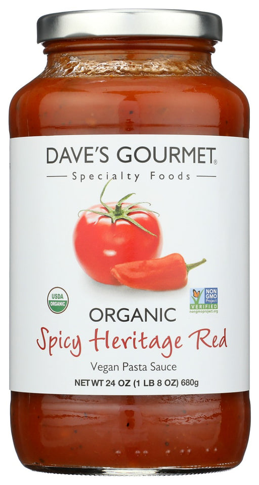 Dave's Gourmet Organic Spicy Heirloom Marinara Pasta Sauce is an award winner. This rich pasta sauce is made from vine-ripened organic California tomatoes picked at the height of the season. Permeating this tomato goodness is the fiery flavor and bite of organic chilies and fresh herbs.