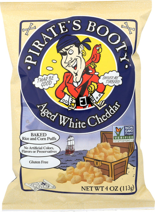 Hoist the sails and prepare to taste a treasure of the ages with PIRATE'S BOOTY Aged White Cheddar made from rice and corn. Each bag is gluten free with no artificial colors. Blended with real aged white cheddar cheese and baked to pirate perfection, keep these 4 oz bag of puffs stocked for lunchboxes or voyages on the go!