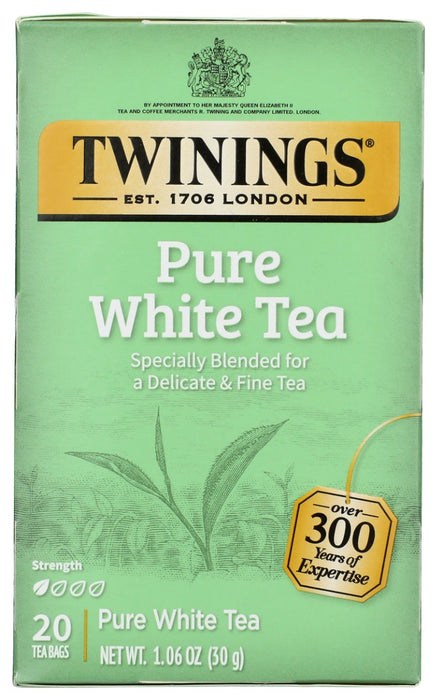 Primarily grown in the Fujian Province of China, White tea is also known as Silvery Tip Pekoe, Fujian White or China White. White reigns as one of the world's highest quality teas because only the unopened buds and the youngest, most tender tips of the tea bush are chosen. The fine silvery-white hairs on the unopened buds is what gives this tea its name. Twinings Pure White tea is hand-picked in the spring to yield a delicately smooth tea with a light, natural taste.
