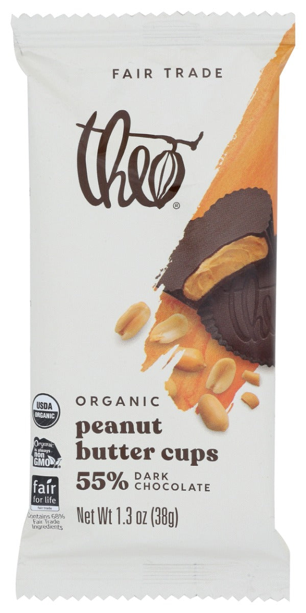 A childhood favorite, made the Theo way.
We've taken this classic treat and elevated it with organic peanut butter and organic, fair trade dark chocolate. The heart-shaped outer shell is made from our 55% dark chocolate and filled with creamy peanut butter. Our 55% dark chocolate is the sweetest of our dark chocolates and features flavors of bold caramel nuttiness with supporting notes of prune, ripe banana, and cinnamon. The result is a classic treat that's sweet, rich, creamy and fun.