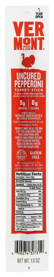 Our Uncured Pepperoni Turkey Stick features paprika, fennel and garlic for a satisfying¯snack with classic pepperoni flavor this is¯one of our top sellers. 
From meats raised without antibiotics or added hormones.  Free from major allergens, MSG and Gluten.