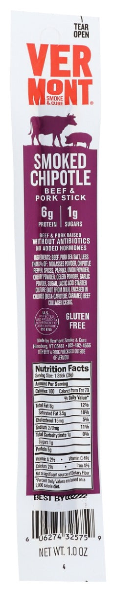 With just the right amount of heat, our Smoked Chipotle Beef and Pork Stick is crafted with chipotle¯peppers, cumin and garlic for layers of bold, spicy flavor. ‹ 
From meats raised without antibiotics or added hormones.  Free from major allergens, MSG and Gluten.