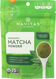 Traditionally shade-grown in Japan, Navitas Organics Matcha Powder is premium grade &amp; rich in this tea's powerful medicinal properties.

100% organic matcha powder
Finely ground whole leaf green tea
Consumed prior to meditation for centuries for the calming alertness it provides
Contains L-theanine, an amino acid that promotes relaxation and helps relieve stress
Contains EGCG, a unique antioxidant that helps reduce inflammation &amp; supports long-term health
Naturally occurring caffeine
