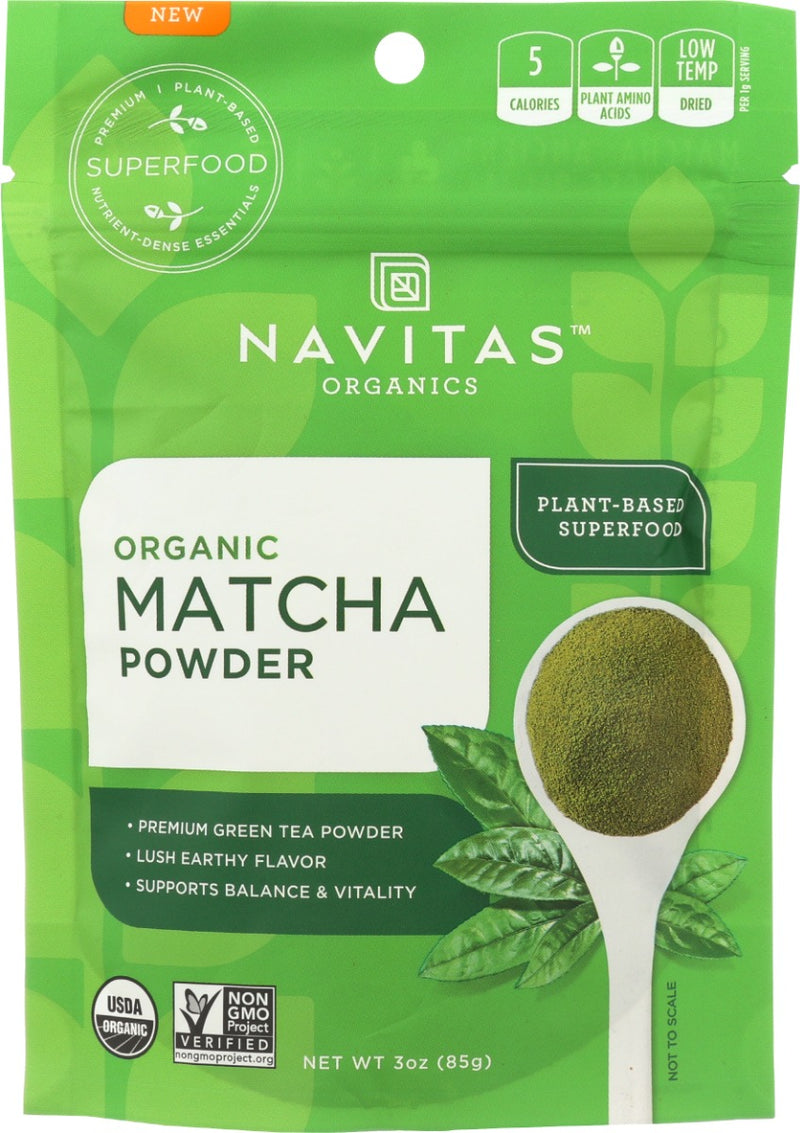 Traditionally shade-grown in Japan, Navitas Organics Matcha Powder is premium grade &amp; rich in this tea's powerful medicinal properties.

100% organic matcha powder
Finely ground whole leaf green tea
Consumed prior to meditation for centuries for the calming alertness it provides
Contains L-theanine, an amino acid that promotes relaxation and helps relieve stress
Contains EGCG, a unique antioxidant that helps reduce inflammation &amp; supports long-term health
Naturally occurring caffeine
