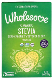 This multi-purpose 0 calorie sweetener is sweeter than sugar, so a little goes a long way! It is calorie-free and has no glycemic impact which makes it a great option for those managing calories and blood sugar levels. Organic Stevia sweetener is simply stevia, erythritol and natural flavor. Each 1-gram packet sweetens like 2 teaspoons of sugar. Wholesome Organic Stevia sweetener is naturally gluten-free, vegan, Non-GMO Project Verified and kosher certified.
