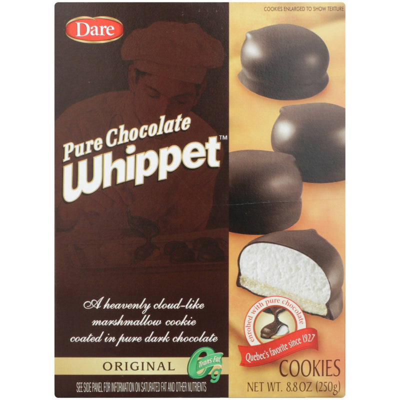Dare Whippet Original cookies are the classic Quebec treat you always want to eat. The chewy marshmallow centre, soft cookie base and real chocolate coating make the perfect after-dinner delight. Crush ˜em, twist ˜em, split ˜em or bend ˜em! How do you eat your Whippet? They're peanut-free and made better with real chocolate, no artificial flavours or colours and 0g trans fat.