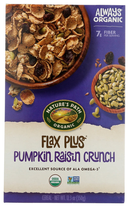 Our delicious Flax Plus Pumpkin Raisin Crunch was crafted with whole wheat and flax flakes, granola clusters, iron-rich pumpkin seeds, and sweet, juicy raisins. One of our top 5 cereals, it's known for its tasty textures and nutritional punch: 6g plant protein, 8g fiber, and omega-3 essential fatty acids”all in one hearty bowl. So you can start your day right, we created a cereal that's filled with simple, whole food, and organic ingredients.