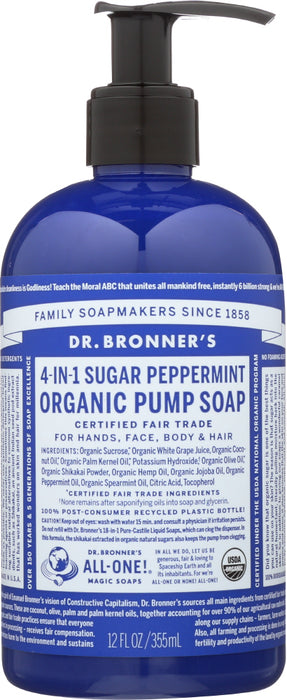 DR. BRONNER'S: 4-in-1 Sugar Peppermint Organic Pump Soap, 12 oz