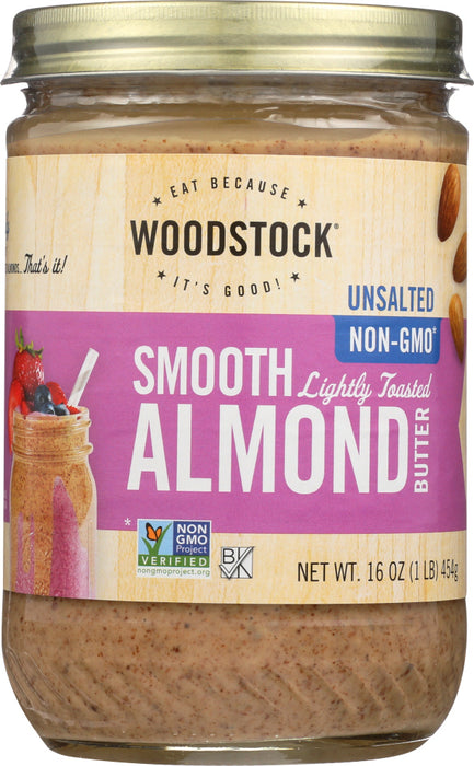 WOODSTOCK: Almond Butter Raw Smooth Unsalted, 16 oz