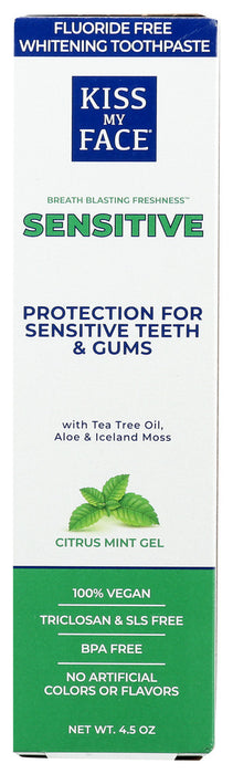KISS MY FACE: Sensitive Flouride Free Whitening Mint Gel Toothpaste, 4.5 oz