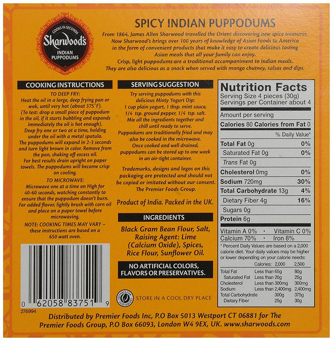 SHARWOODS: Indian Puppodum Spicy, 4 oz