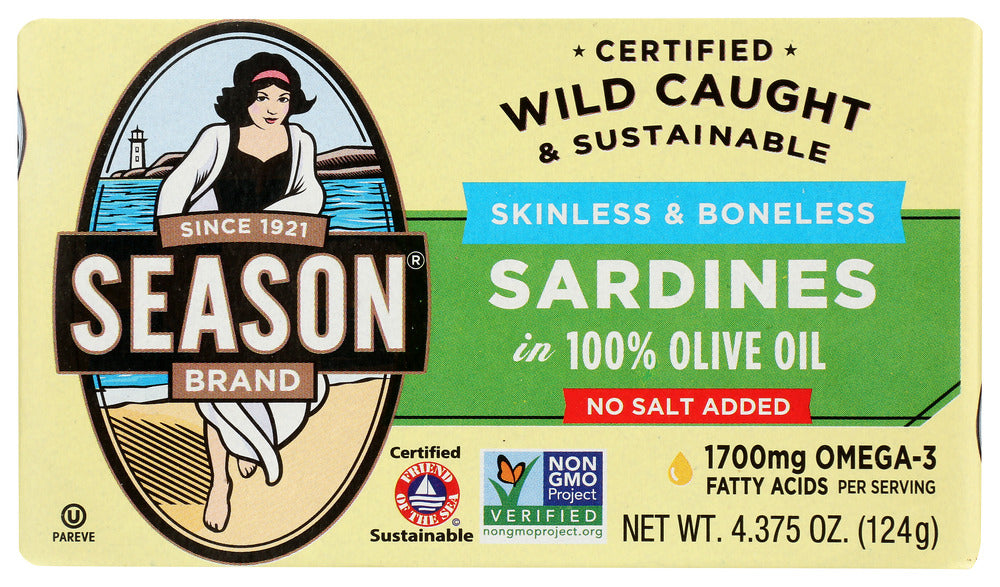 SEASONS: Sardines Skinless and Boneless in Olive Oil No Salt Added, 4.375 oz