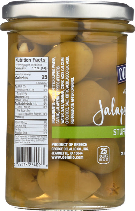 DELALLO: Garlic & Jalapeno Stuffed Green Greek Olives, 5.8 oz