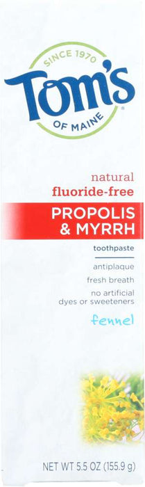 TOMS OF MAINE: Antiplaque Propolis & Myrrh Toothpaste Flouride-Free Fennel, 5.5 Oz