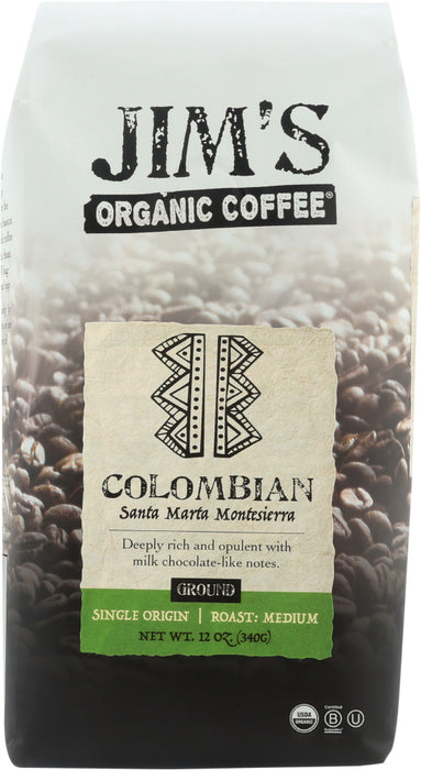 JIMS ORGANIC COFFEE: Columbian Ground Coffee Organic, 12 oz