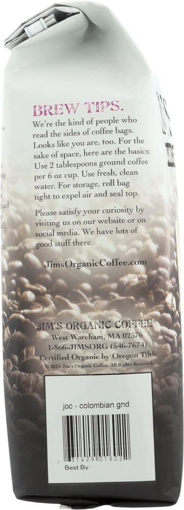 JIMS ORGANIC COFFEE: Columbian Ground Coffee Organic, 12 oz