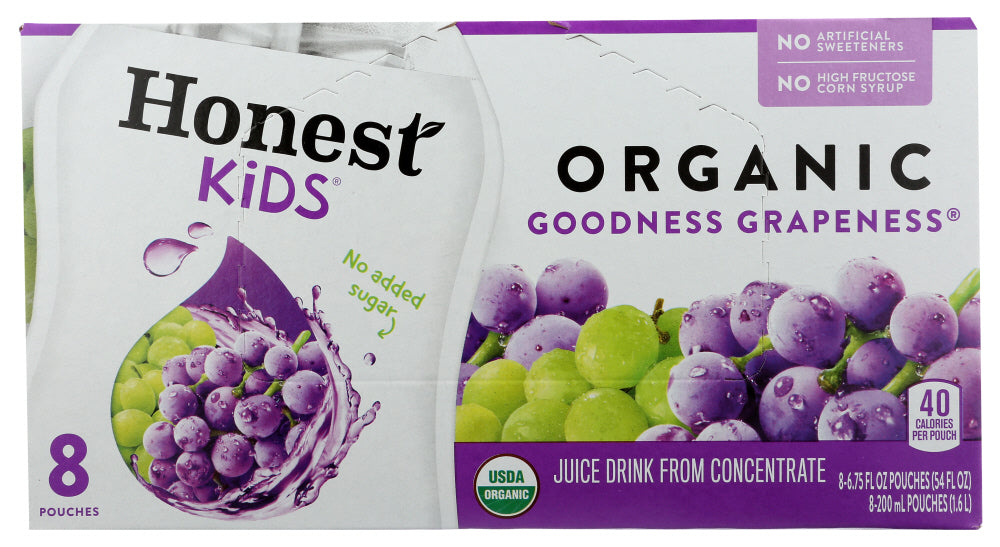 HONEST: Kids Organic Juice Drink Goodness Grapeness, Gluten Free, Non GMO, 8 Count, 54 Oz