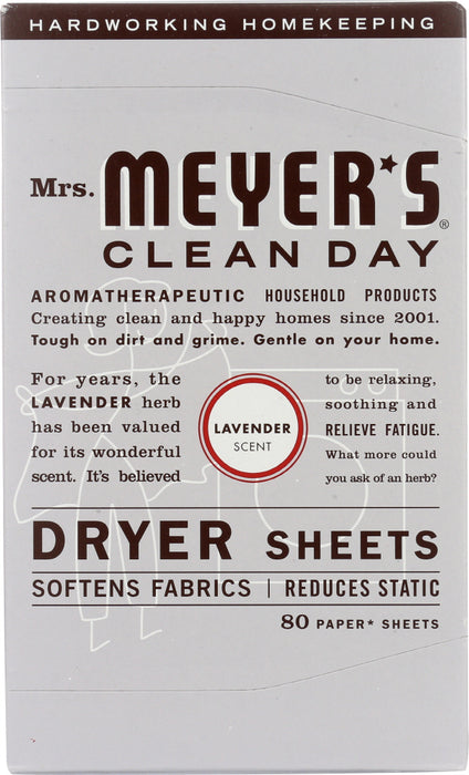 MRS MEYERS CLEAN DAY: Dryer Sheets Lavender Scent, 80 Sheets