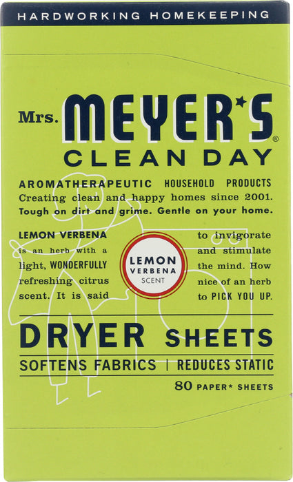 MRS MEYERS CLEAN DAY: Dryer Sheets Lemon Verbena Scent, 80 Sheets