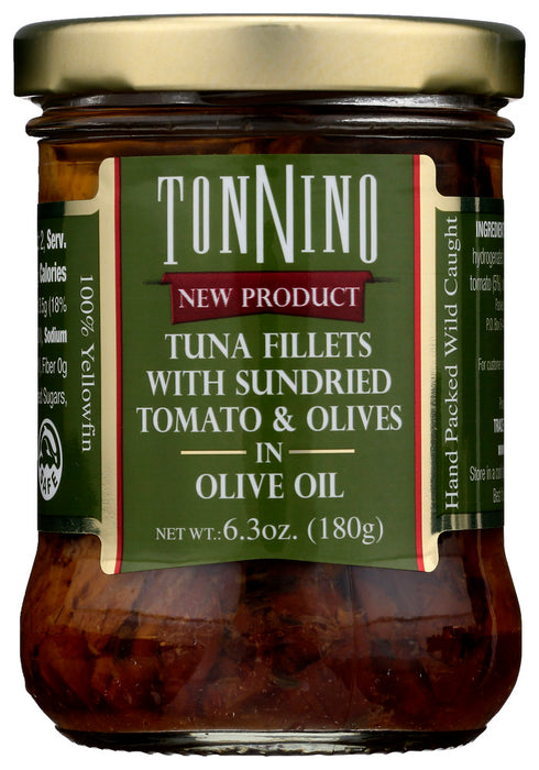 TONNINO: Tuna Fillets With Sundried Tomato And Olives In Olive Oil, 6.3 oz