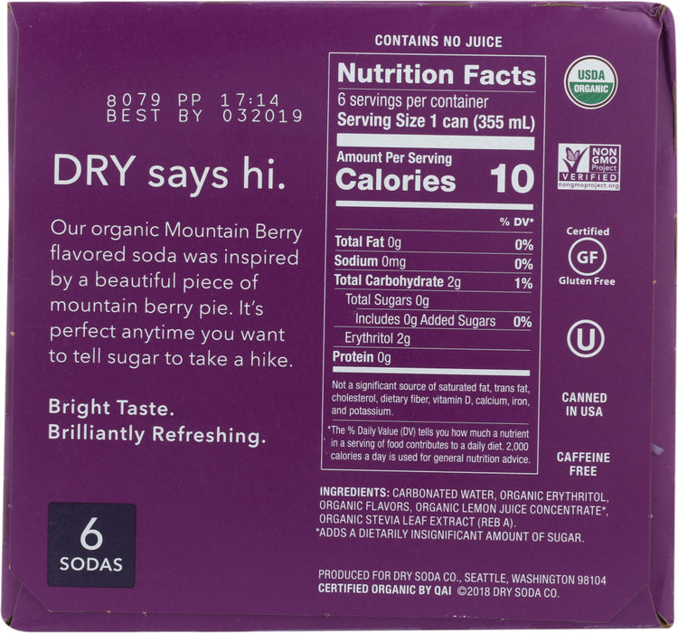 DRY SODA: Zero Sugar Soda Mountain Berry 6-12 fl oz, 72 fl oz