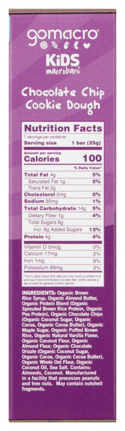 GOMACRO: Chocolate Chip Cookie Dough Kids Bar 7Pk, 6.3 oz - No Brand For Less