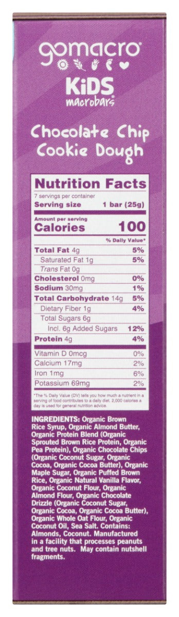 GOMACRO: Chocolate Chip Cookie Dough Kids Bar 7Pk, 6.3 oz - No Brand For Less