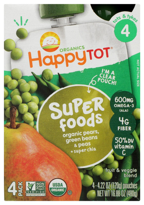 HAPPY TOT: Super Foods Organic Pears Green Beans and Peas 4Pk, 16 oz